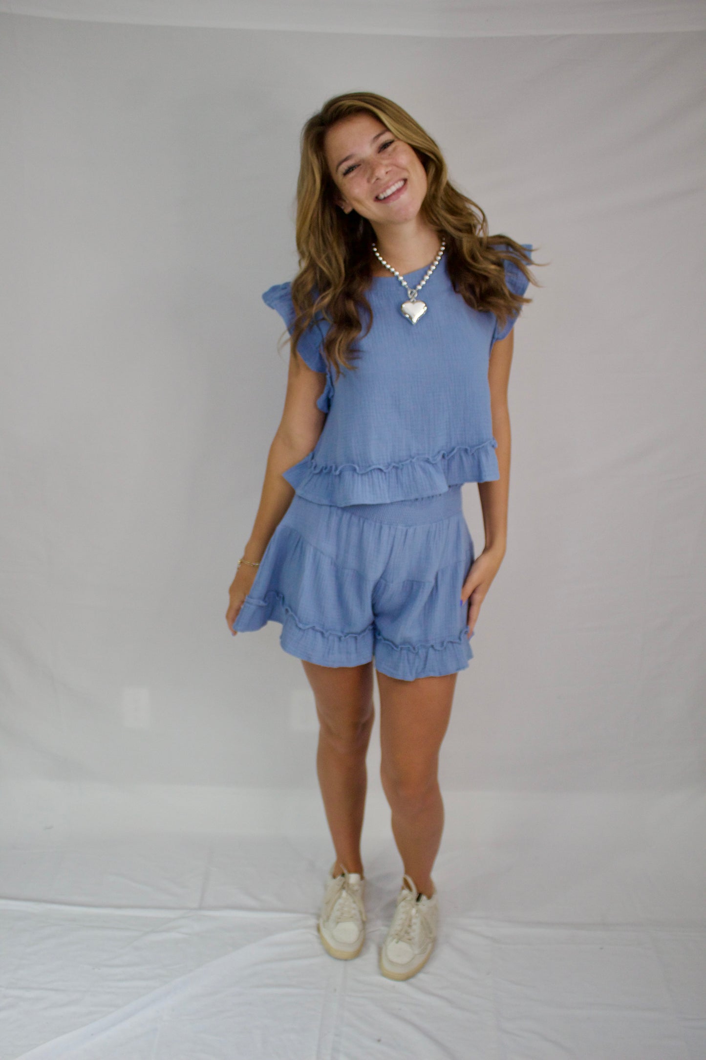 The Blue Linen Ruffle Shorts Set - Triple Charm Boutique