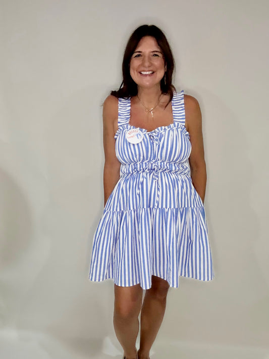 Blue Stripe Mini Dress - Triple Charm Boutique