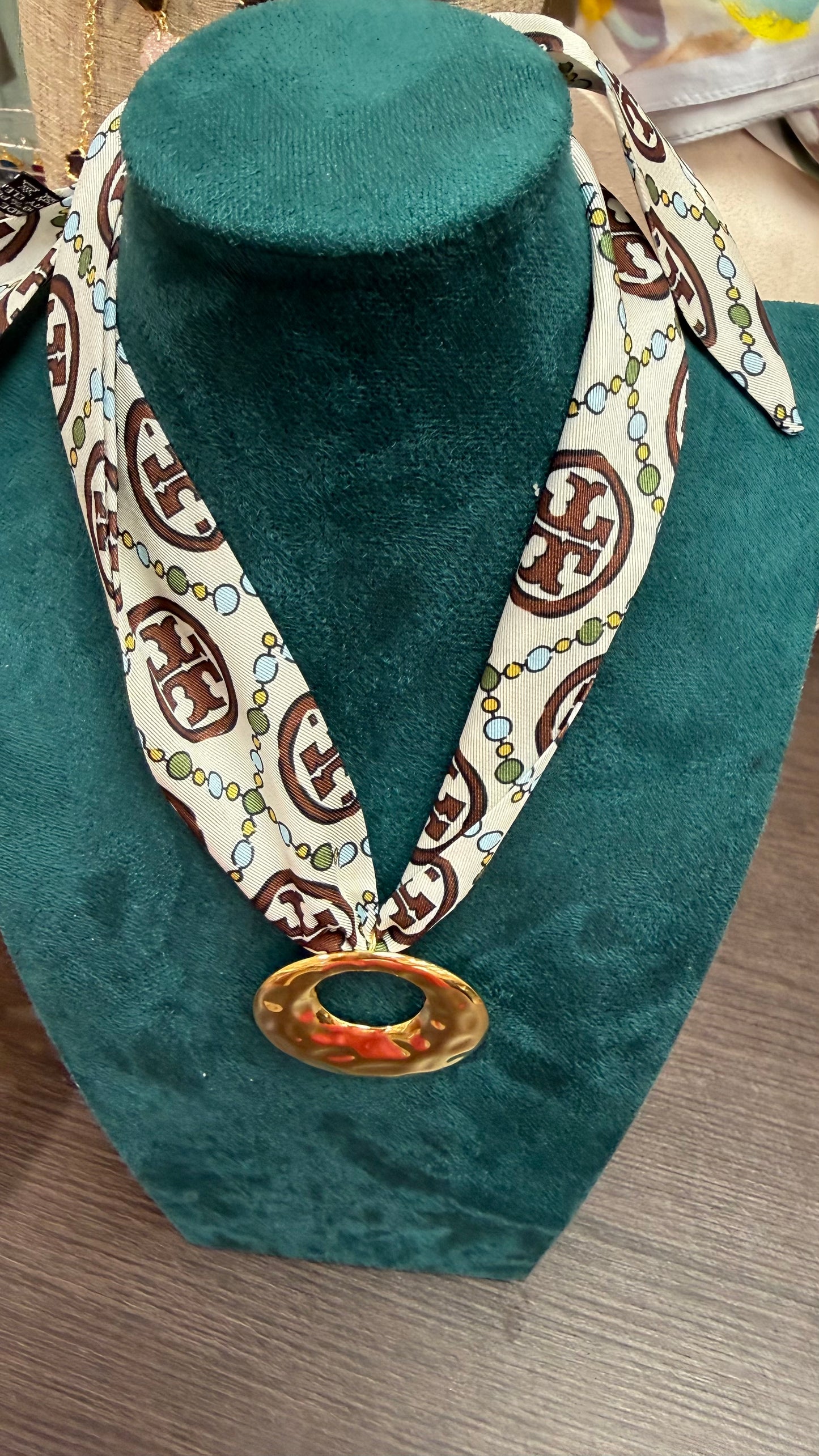 The Cream & Brown Scarf Necklace with Gold up and down Circle Charm