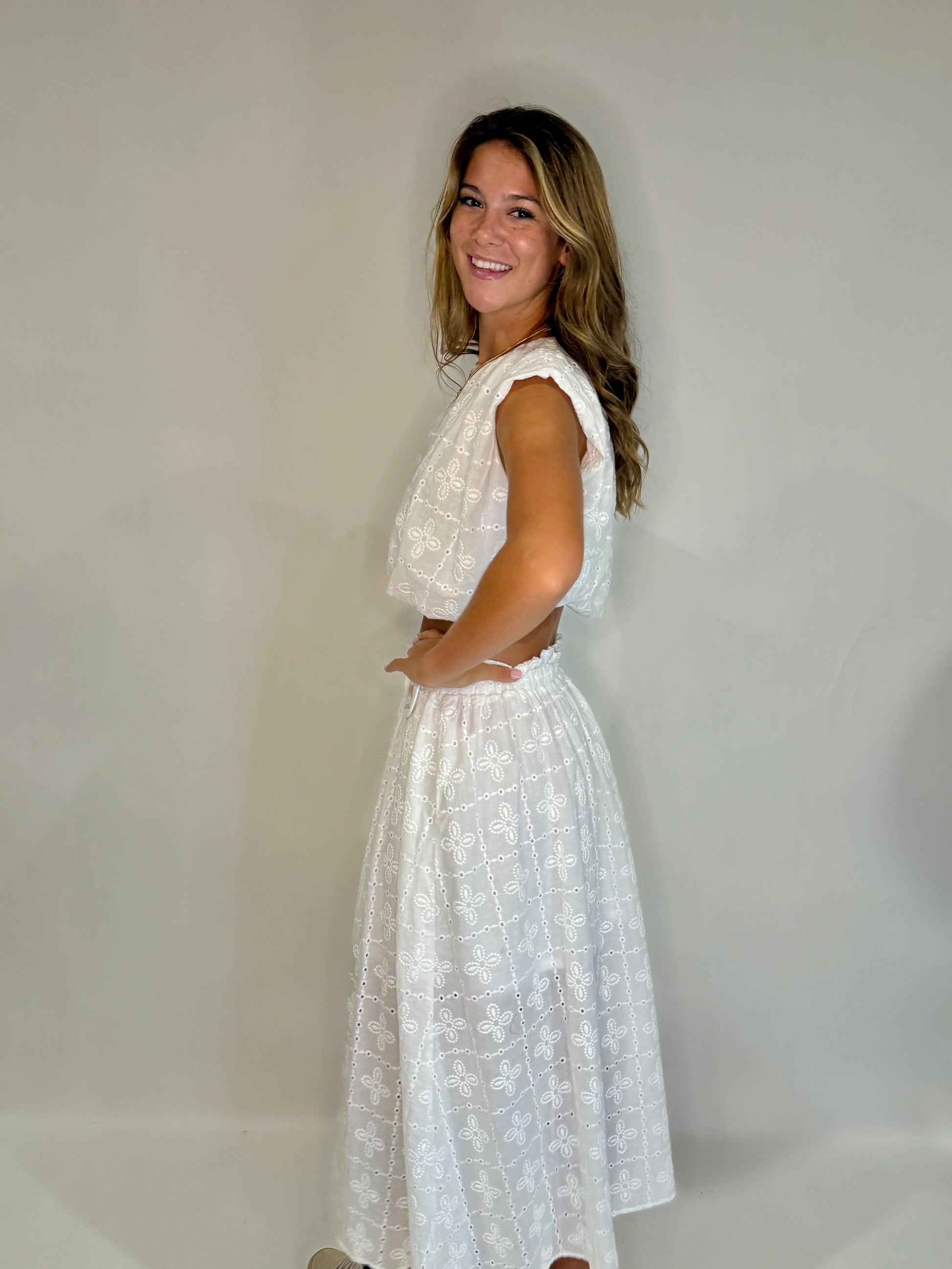 The White Eyelet Lace Midi Skirt Set - Triple Charm Boutique