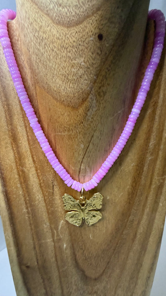 The Small Butterfly Necklace On Pink Beaded Clasp Necklace