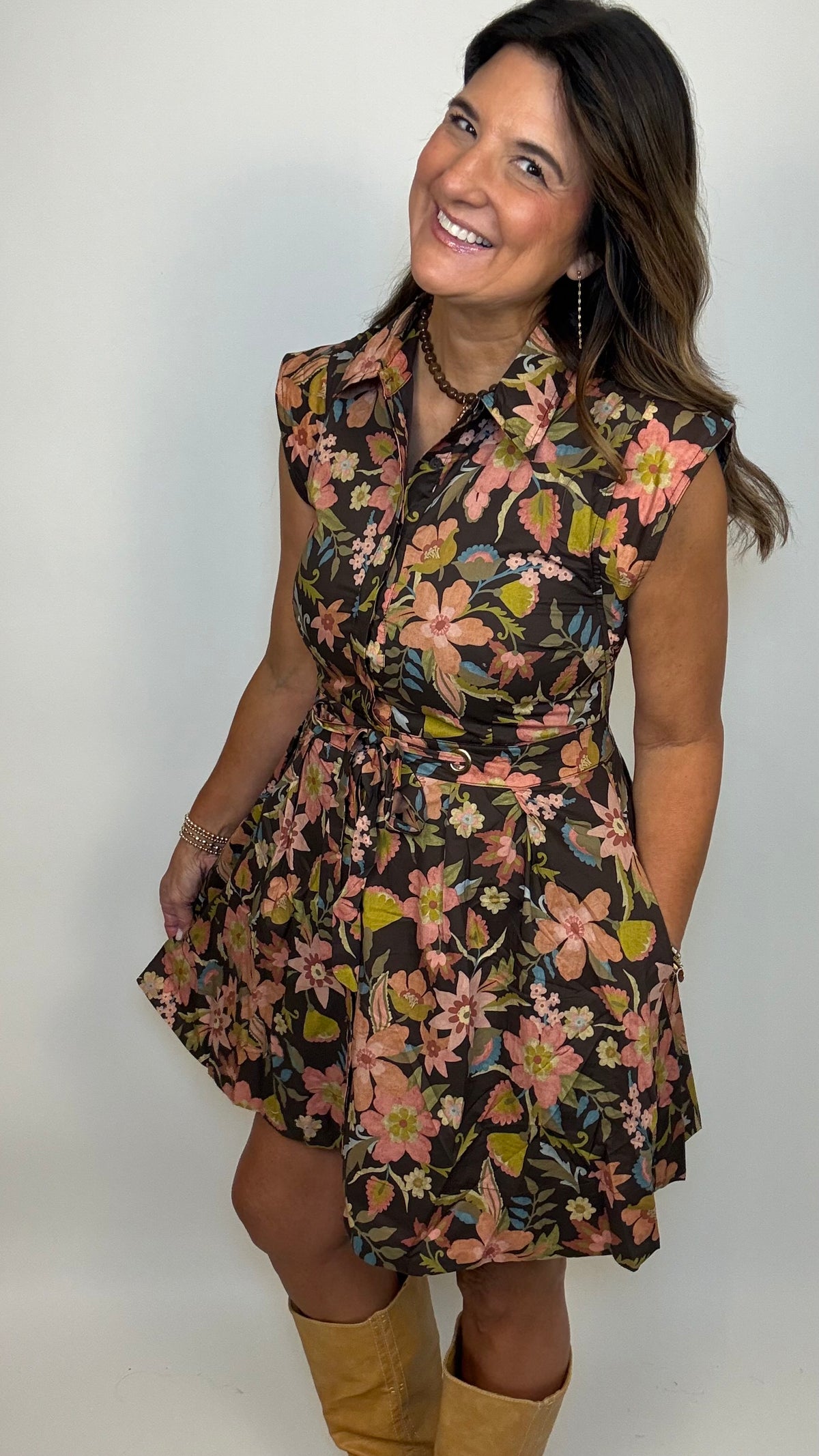 The Fall Favorite Brown Floral Tie Mini Dress
