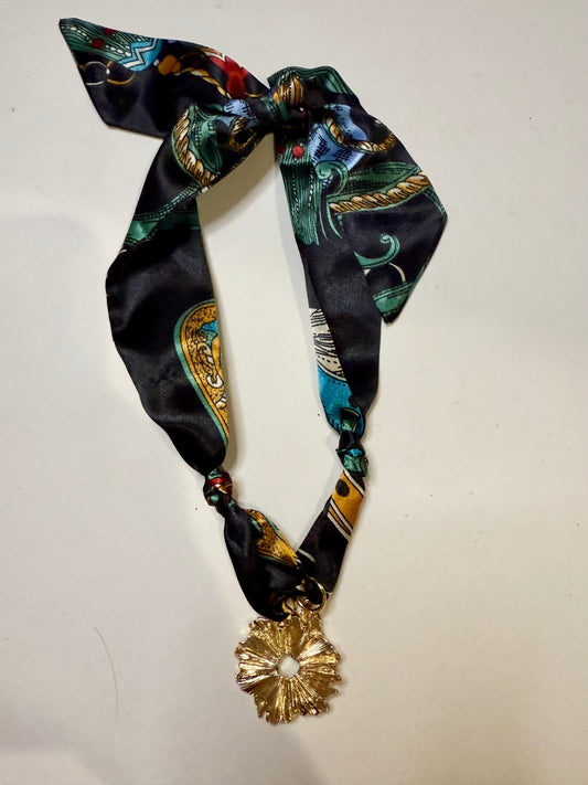 Black & teal multi gold plated flower scarf charm necklace
