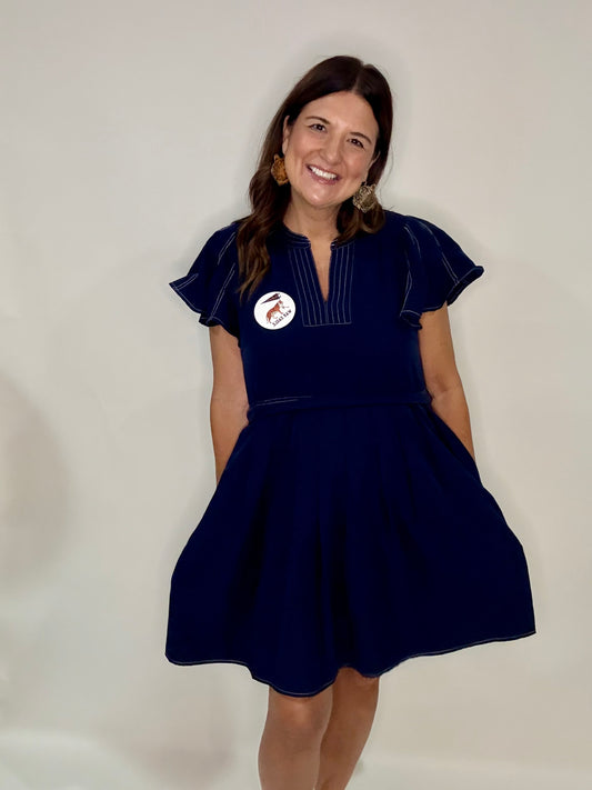 Navy Blue Flutter Sleeve Dress - Triple Charm Boutique