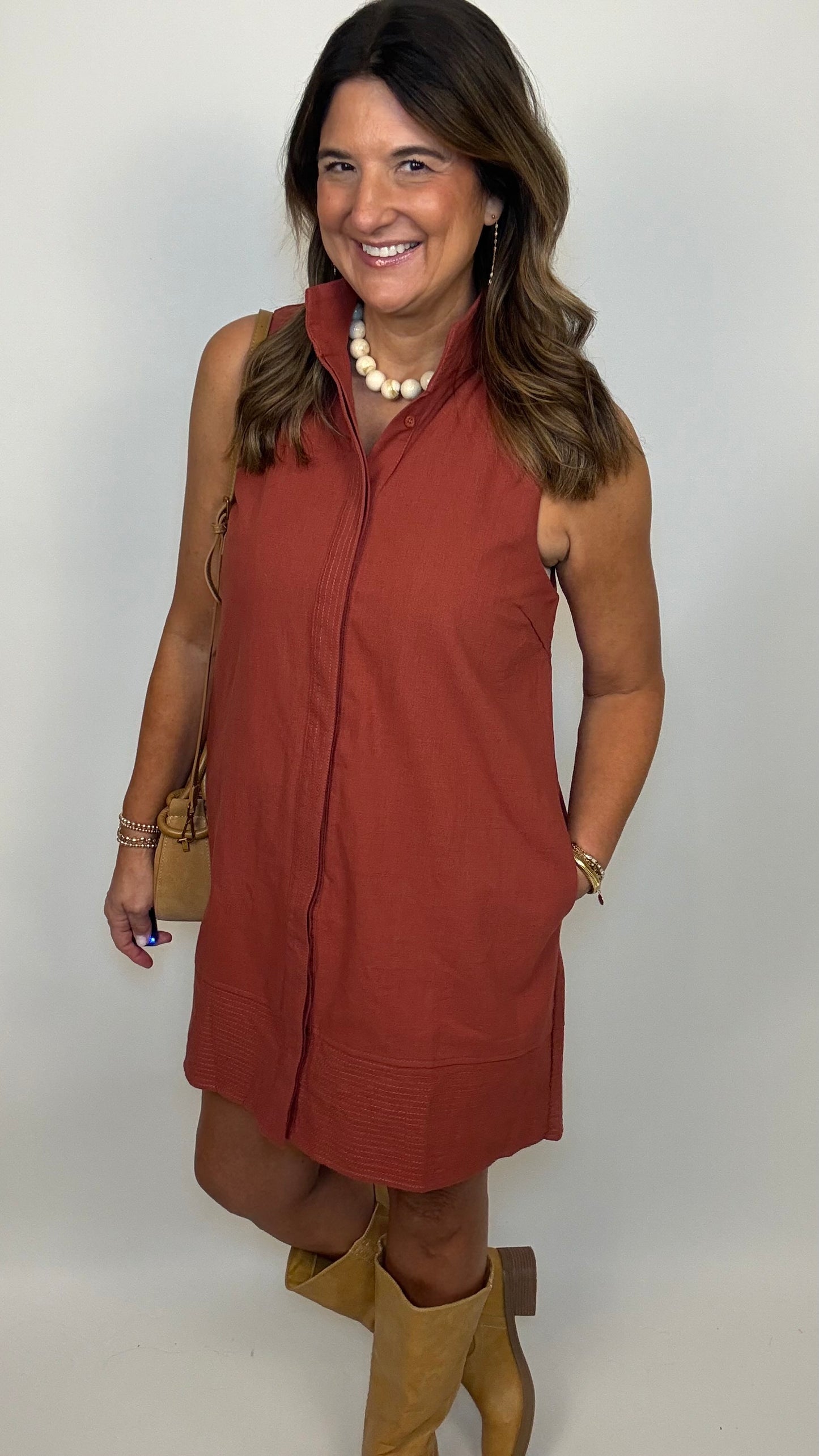 The High Collar Burnt Orange Sleeveless Dress