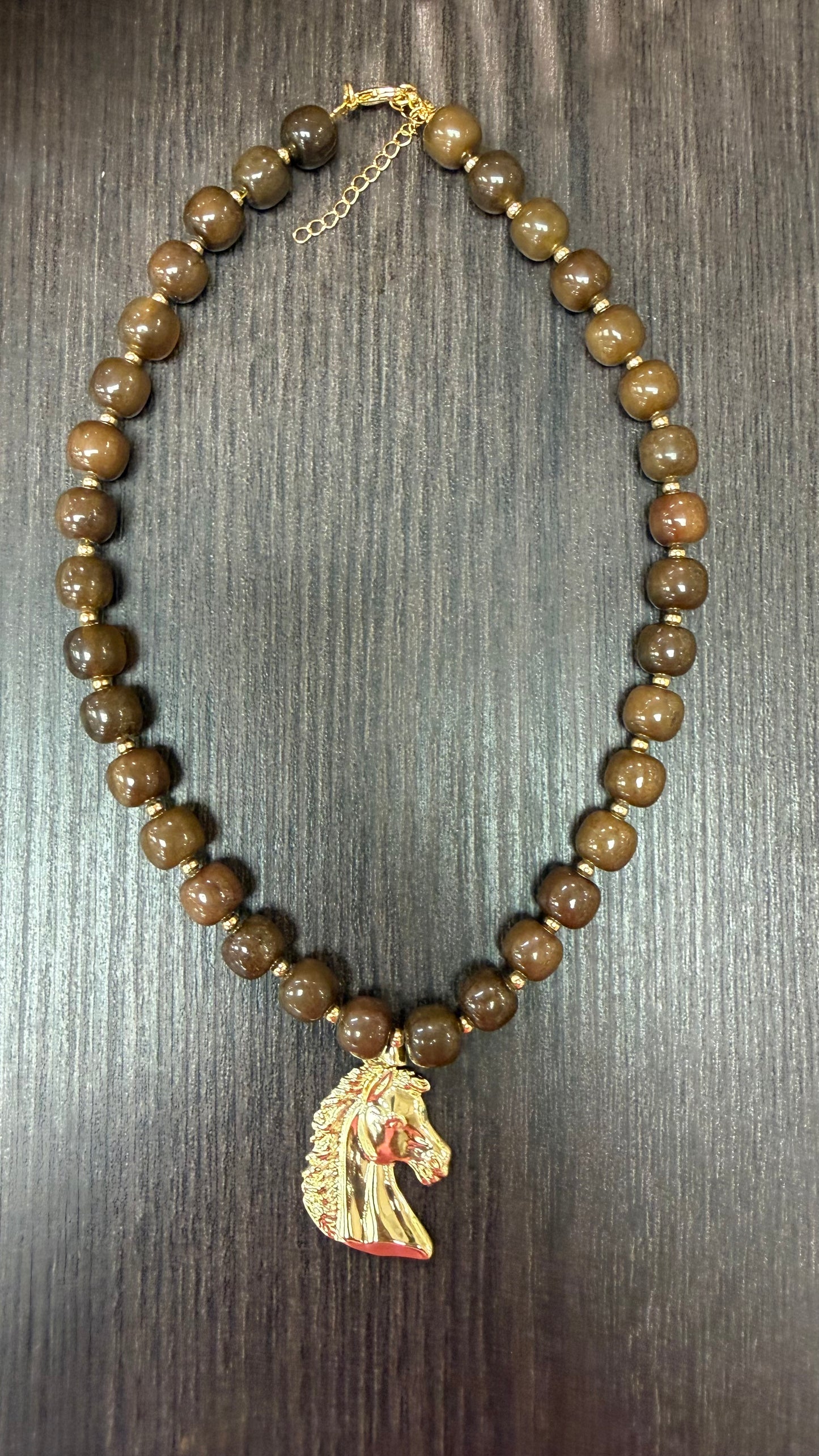 Pre-order brown beaded necklace cats eye stone with gold horse