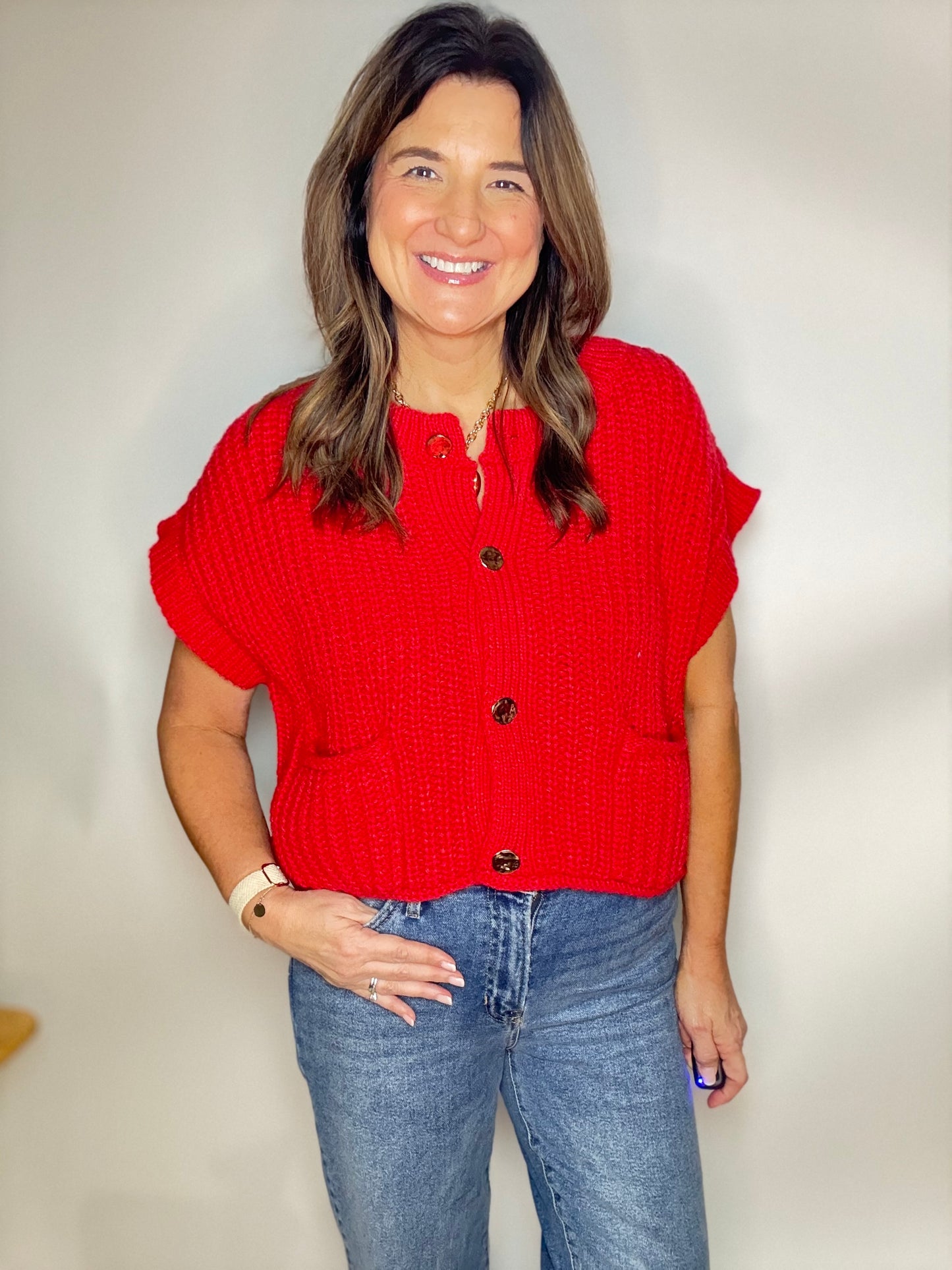 The Red & Gold Button Up Sweater - Triple Charm Boutique