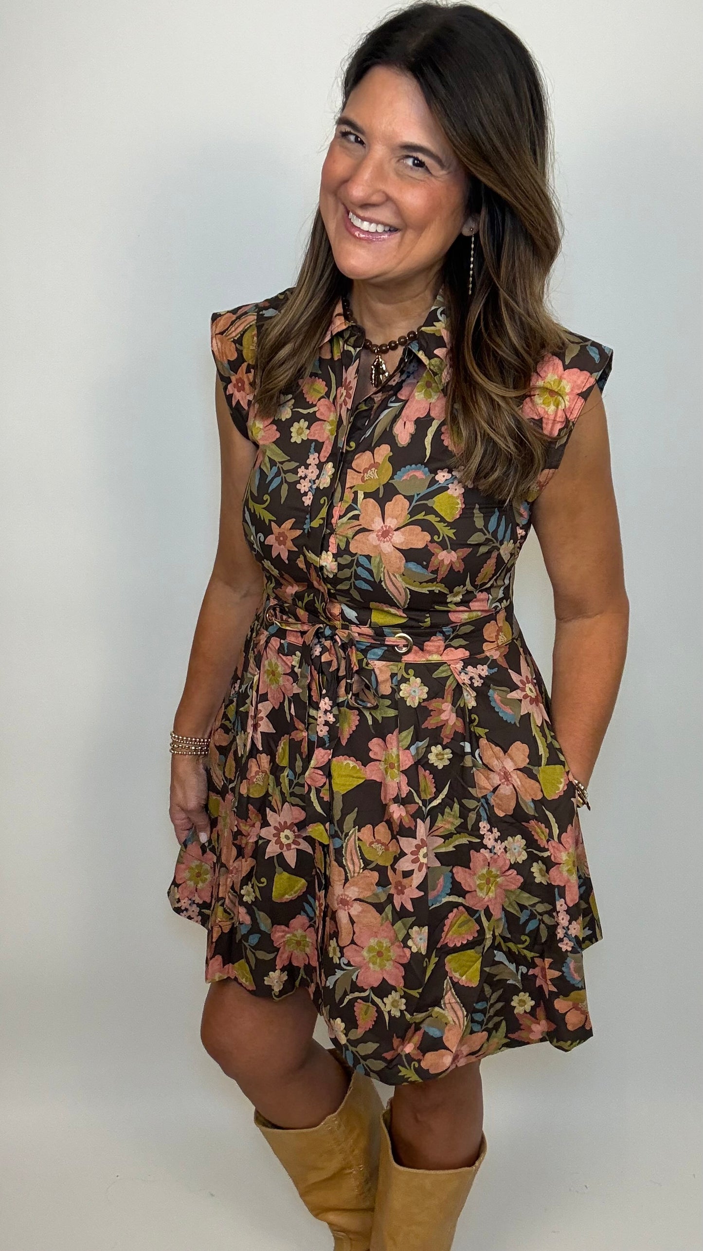 The Fall Favorite Brown Floral Tie Mini Dress