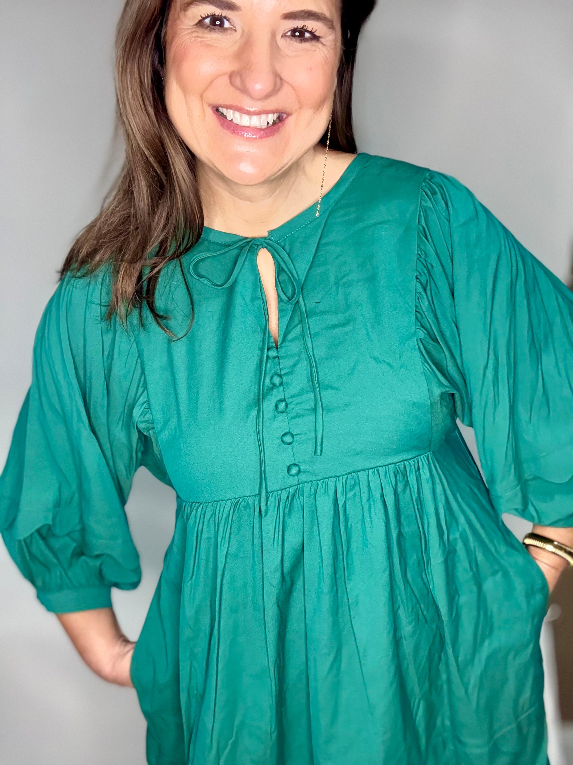 Hunter Green Front Tie Mini Dress - Triple Charm Boutique