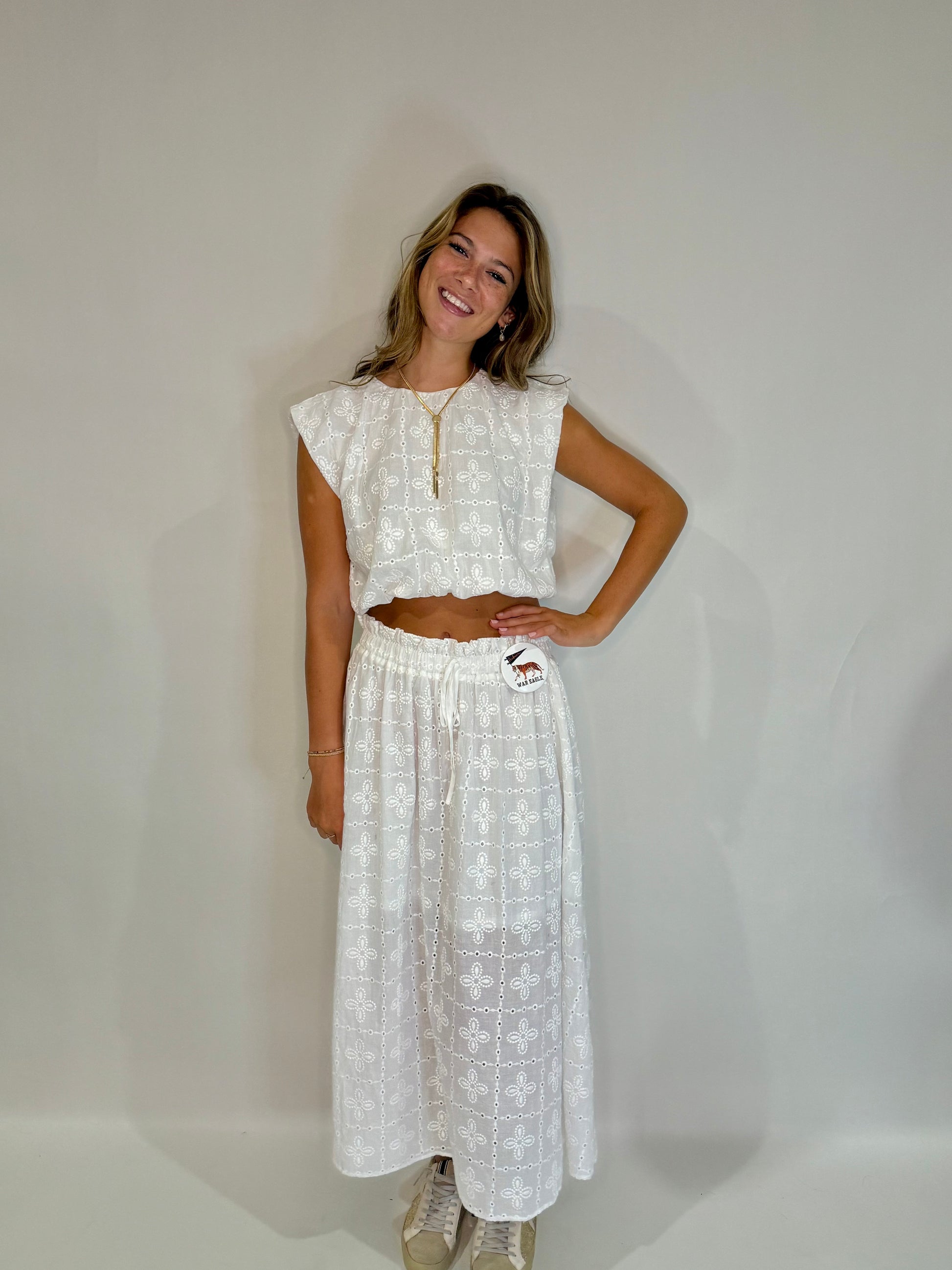 The White Eyelet Lace Midi Skirt Set - Triple Charm Boutique