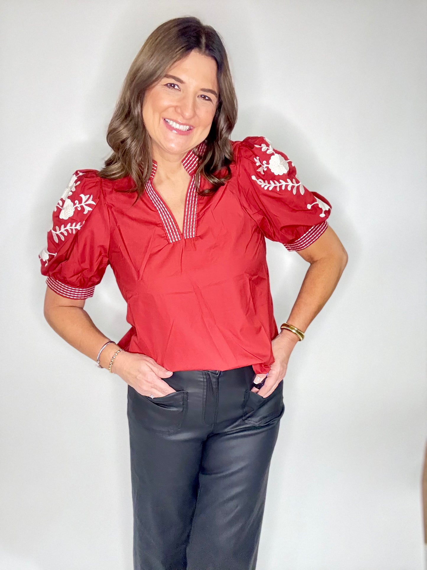 The Brick & White Embroidered Blouse - Triple Charm Boutique