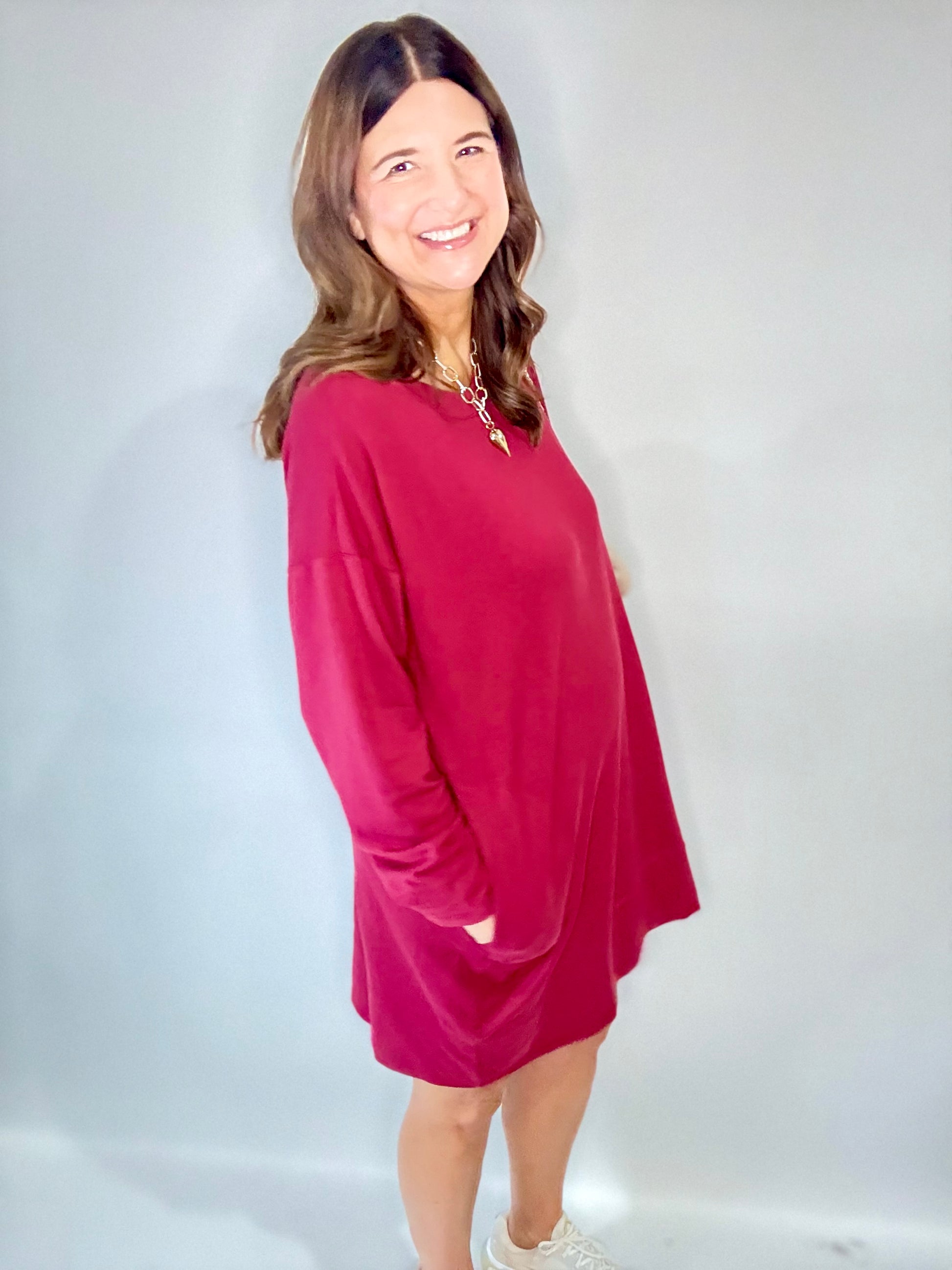 PJ Harlow Crimson Red Oversized Sweatshirt Dress/Gown - Triple Charm Boutique