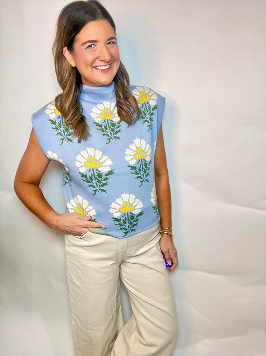 The Crazy Daisy Blue  Sweater - Triple Charm Boutique