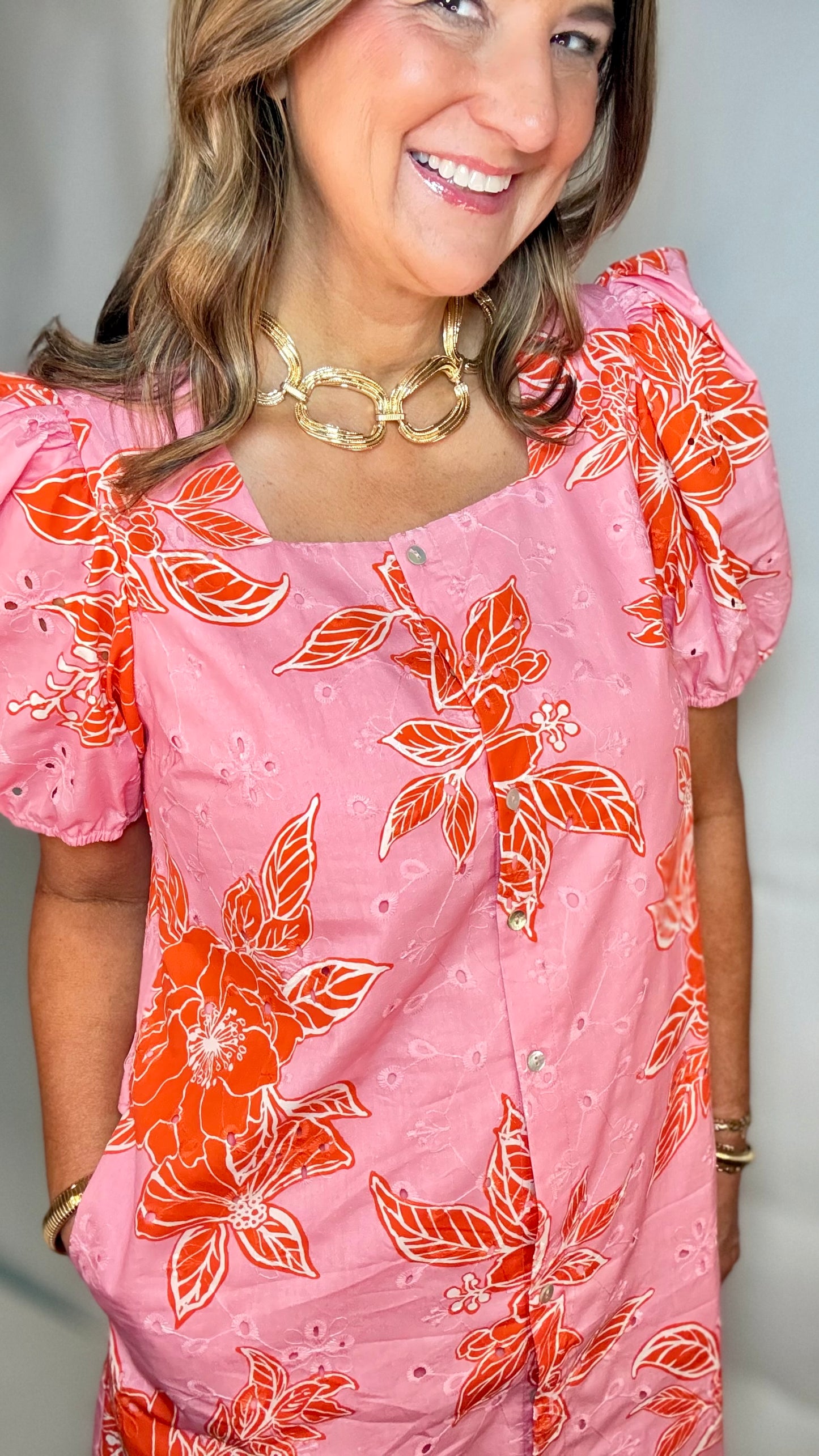 The Coral Floral Button Dress - Triple Charm Boutique