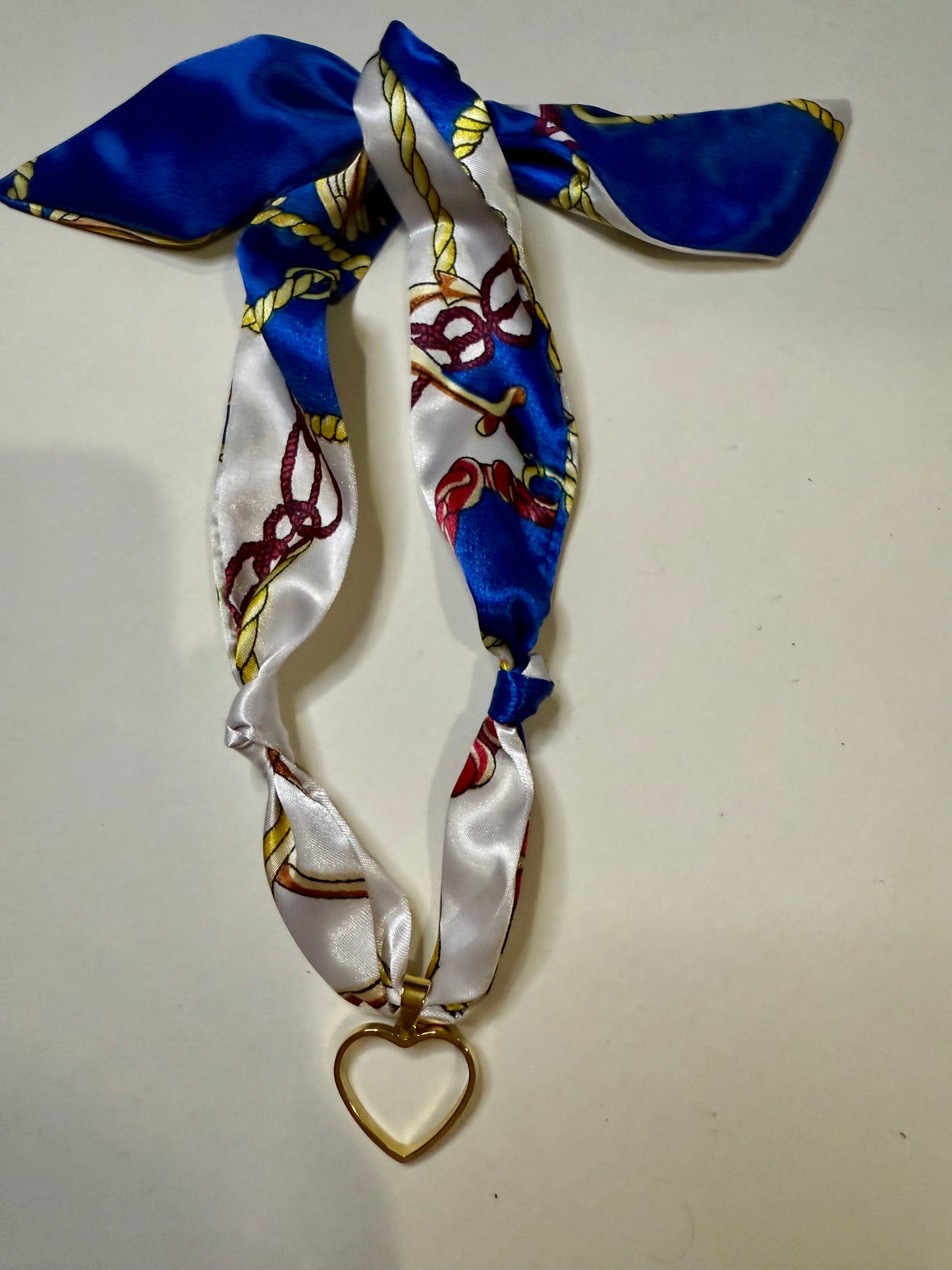 Blue, white, red heart scarf necklace