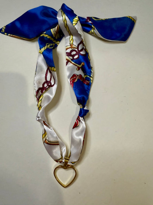 Blue, white, red heart scarf necklace