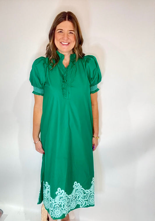The Kelly Green Embroidered Midi Dress - Triple Charm Boutique