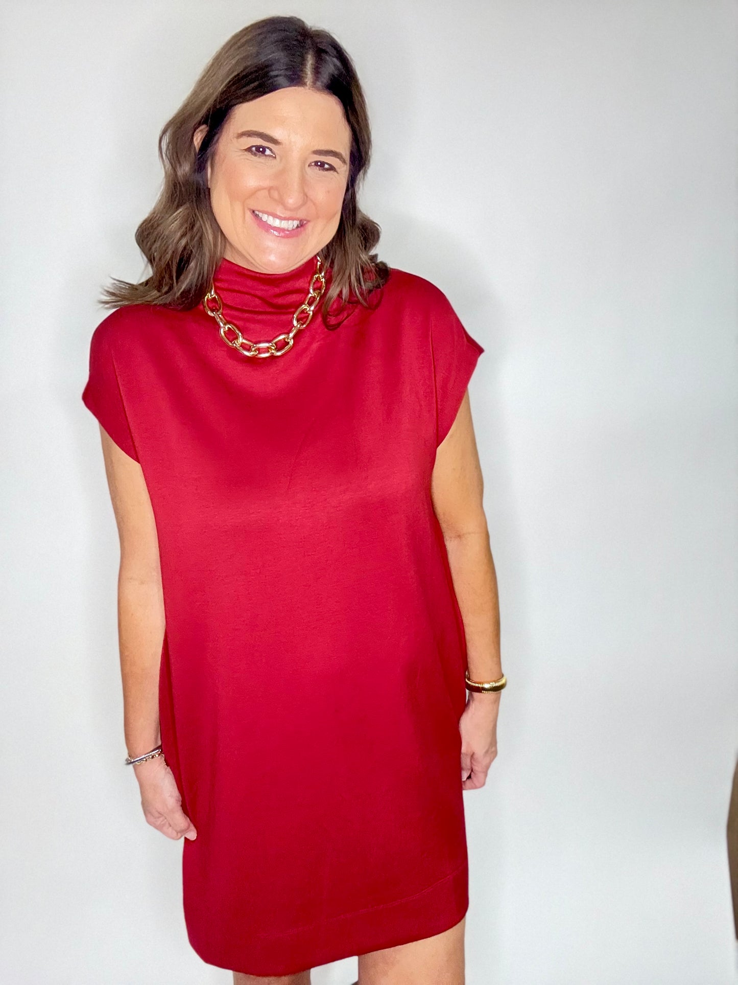The Red Mock Neck Fitted Dress - Triple Charm Boutique