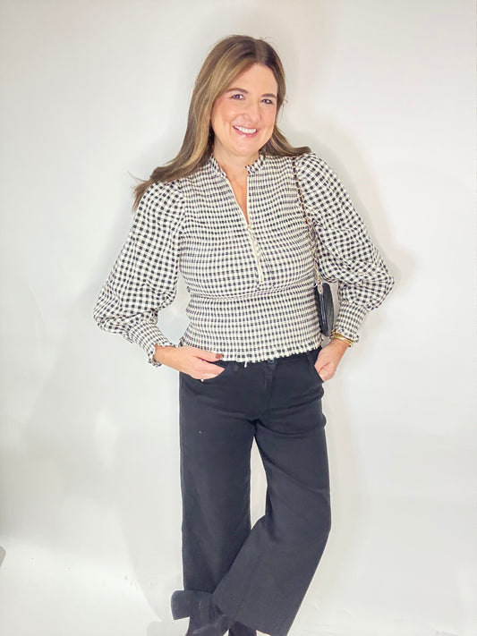 The Black Gingham Puff Sleeve Zip Top
