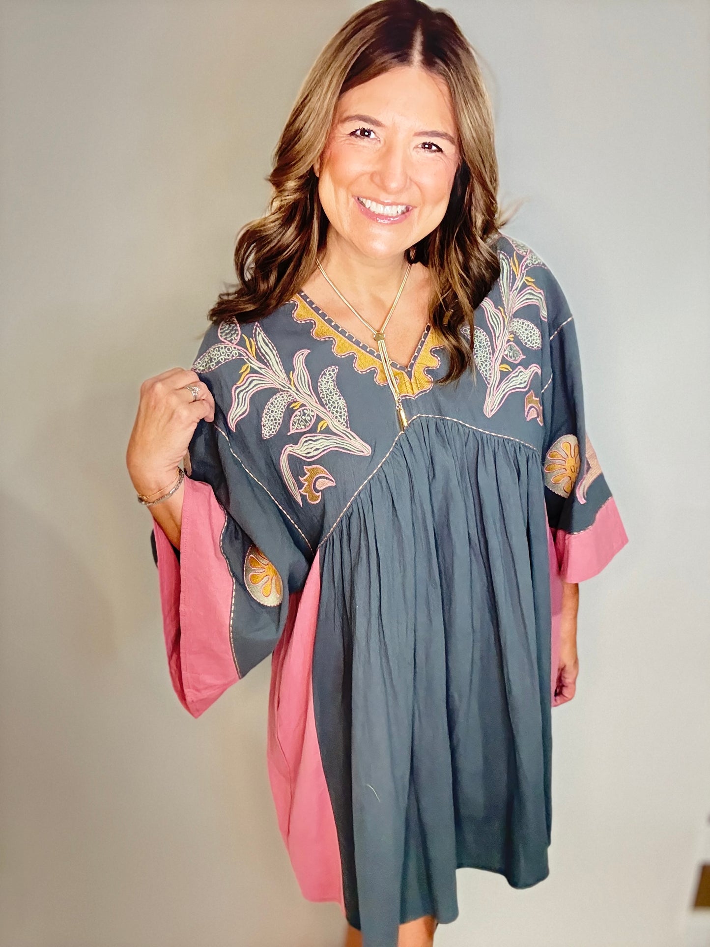 The Grey  Floral Quarter Sleeve Mini Dress
