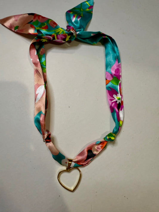 Teal Floral Floral Heart Scarf Necklace