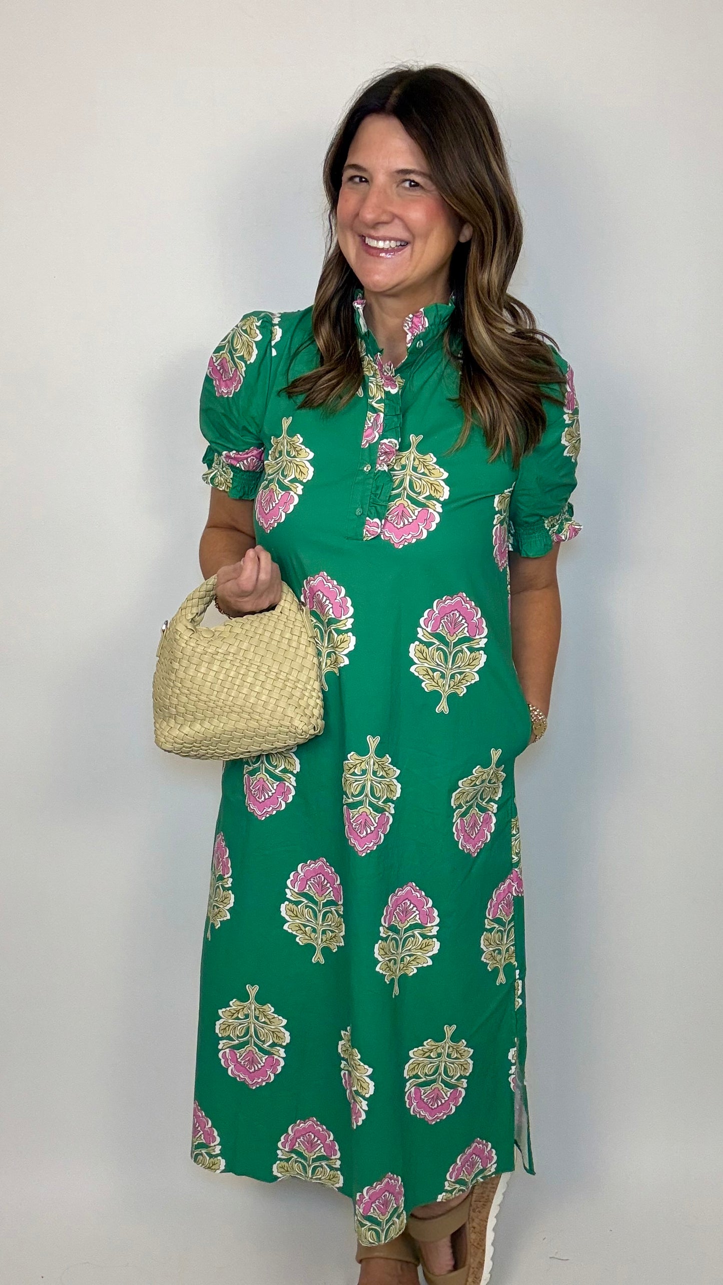 The Pink & Green Floral Ruffle Midi Dress