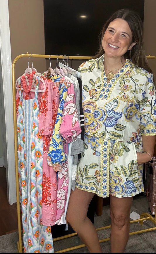 Floral Cream, Blue, Orange Skort Set