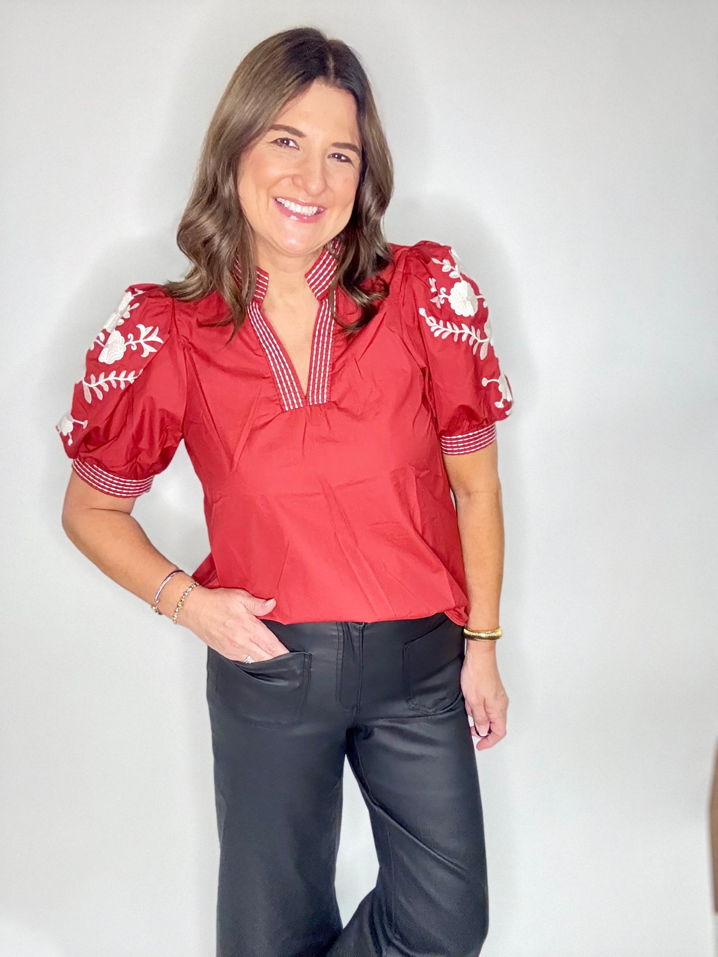 The Brick & White Embroidered Blouse - Triple Charm Boutique
