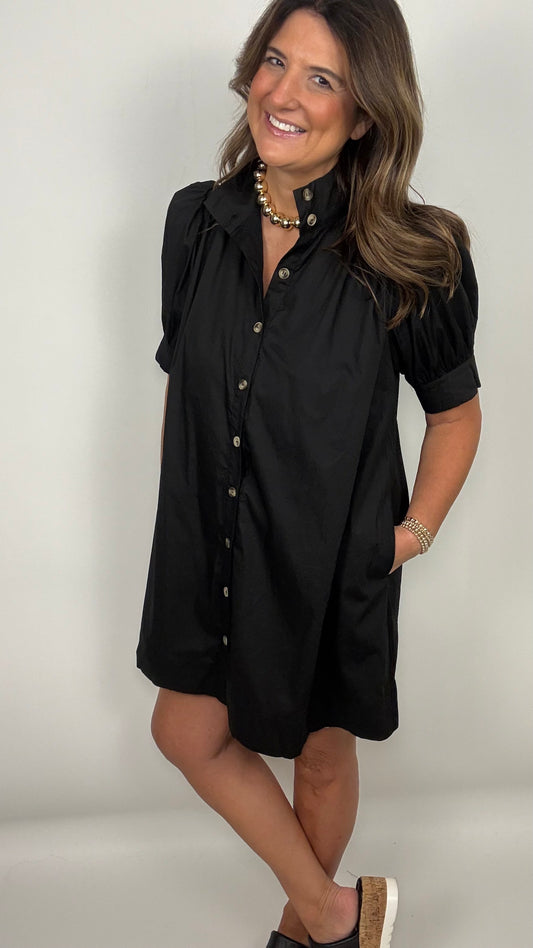 The Black Button Up High Collar Dress