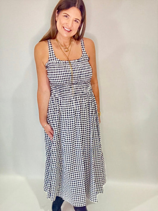The Lilly Black Gingham Midi Dress - Triple Charm Boutique