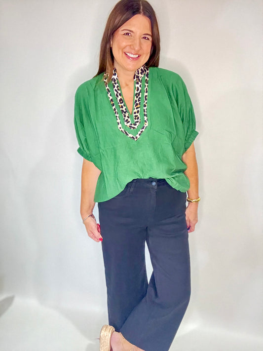 The Kelly Green leopard Trim Top - Triple Charm Boutique