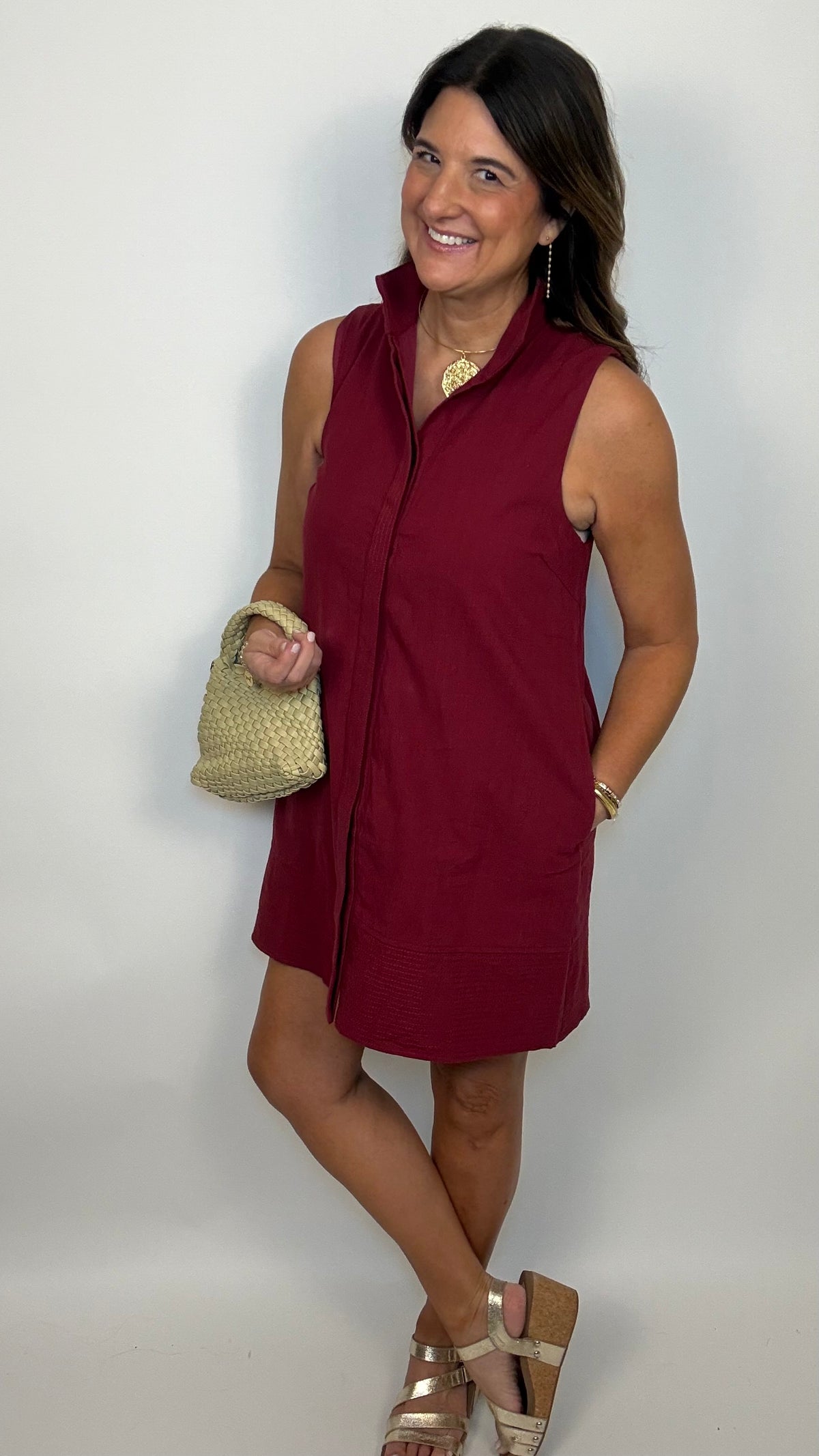 The High Collar Crimson  Sleeveless Dress