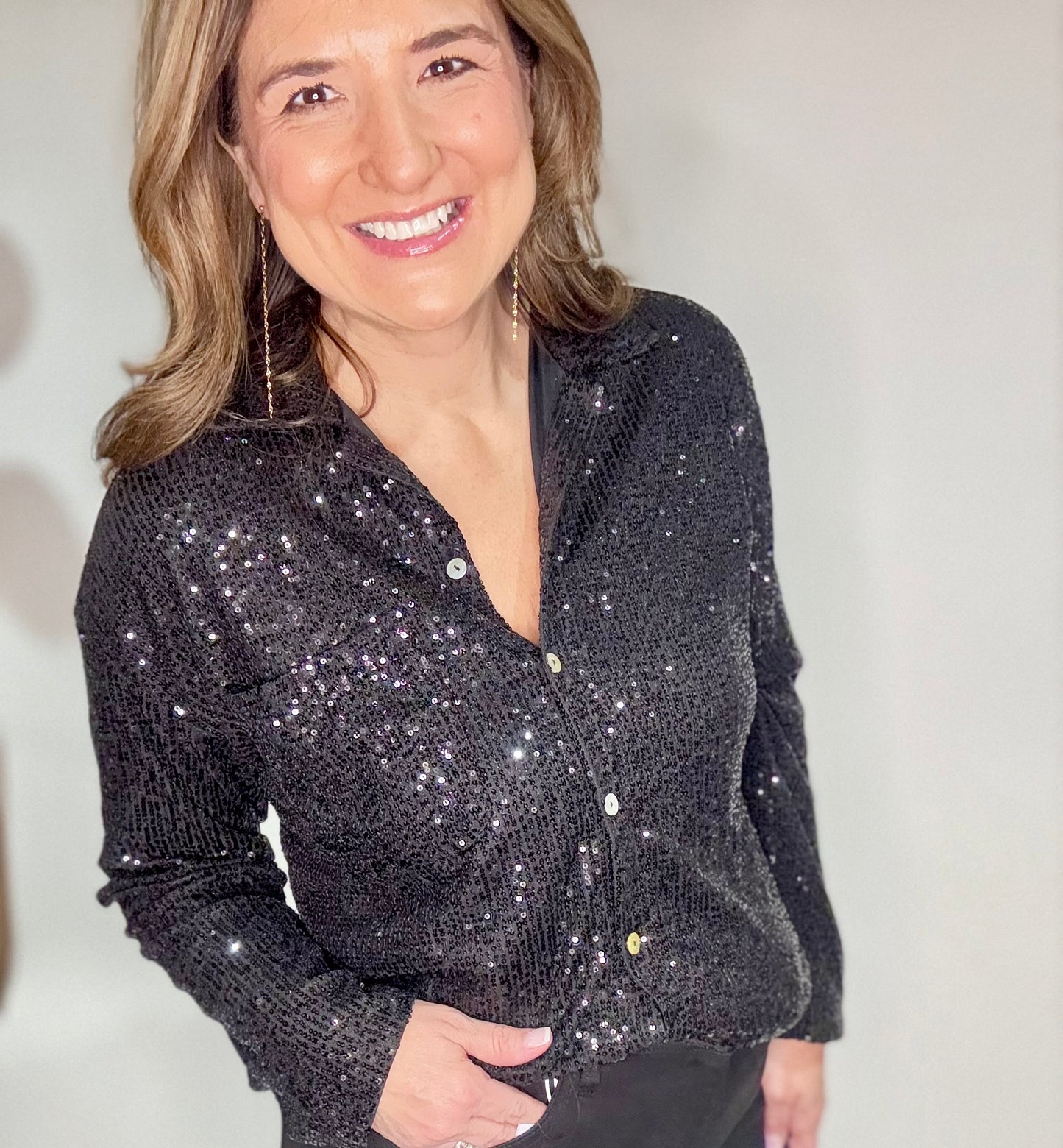 The Black Sequin Dressy Button Up Blouse