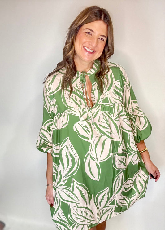 The Sage Green Fall Leaf  Tie Dress