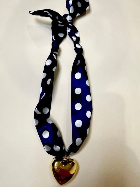 Scarf Heart Necklace in Navy & Dot Print - Triple Charm Boutique