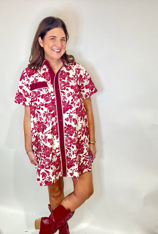 The Red & White Floral Gail  Dress - Triple Charm Boutique