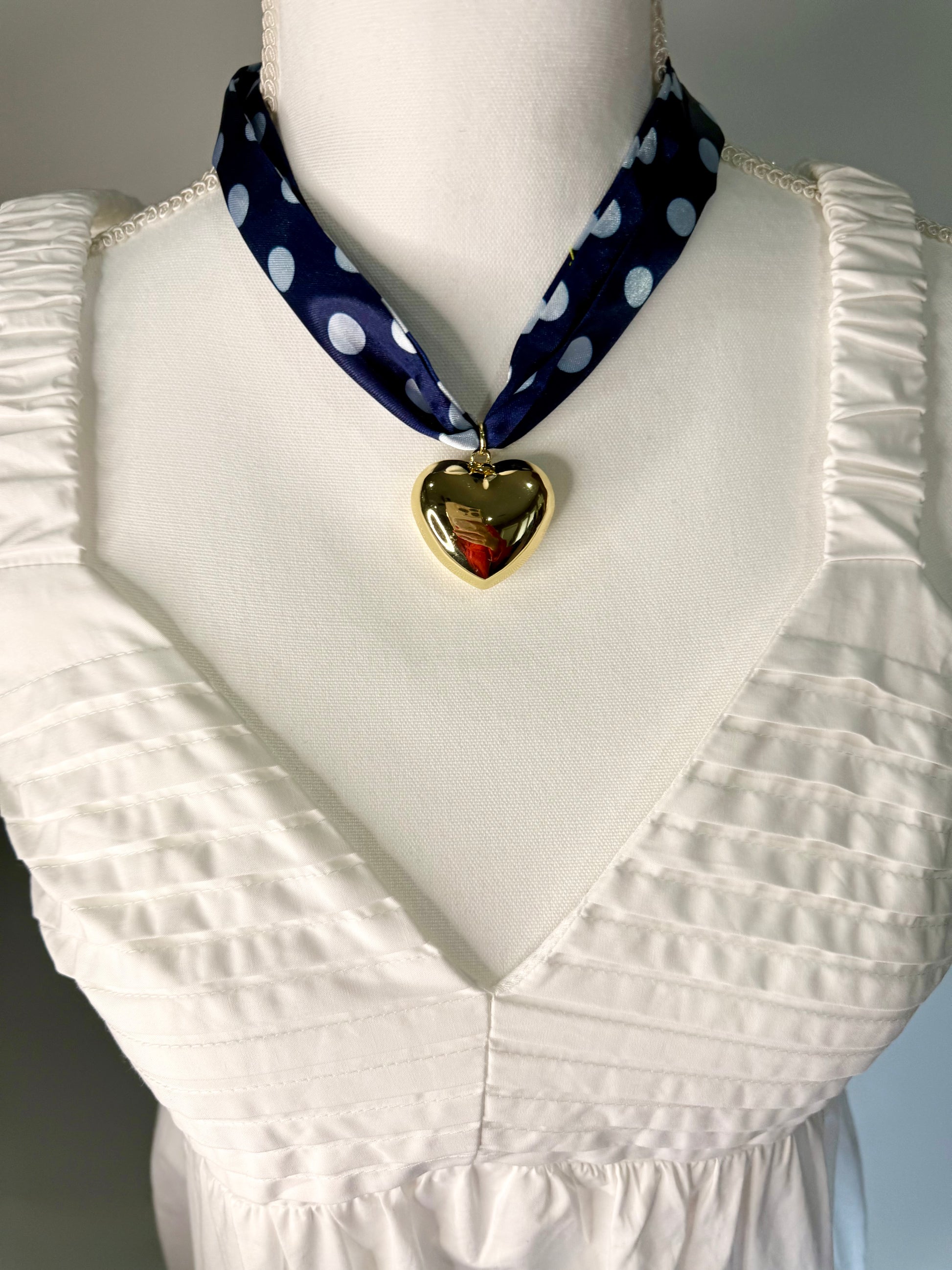 Scarf Heart Necklace in Navy & Dot Print - Triple Charm Boutique