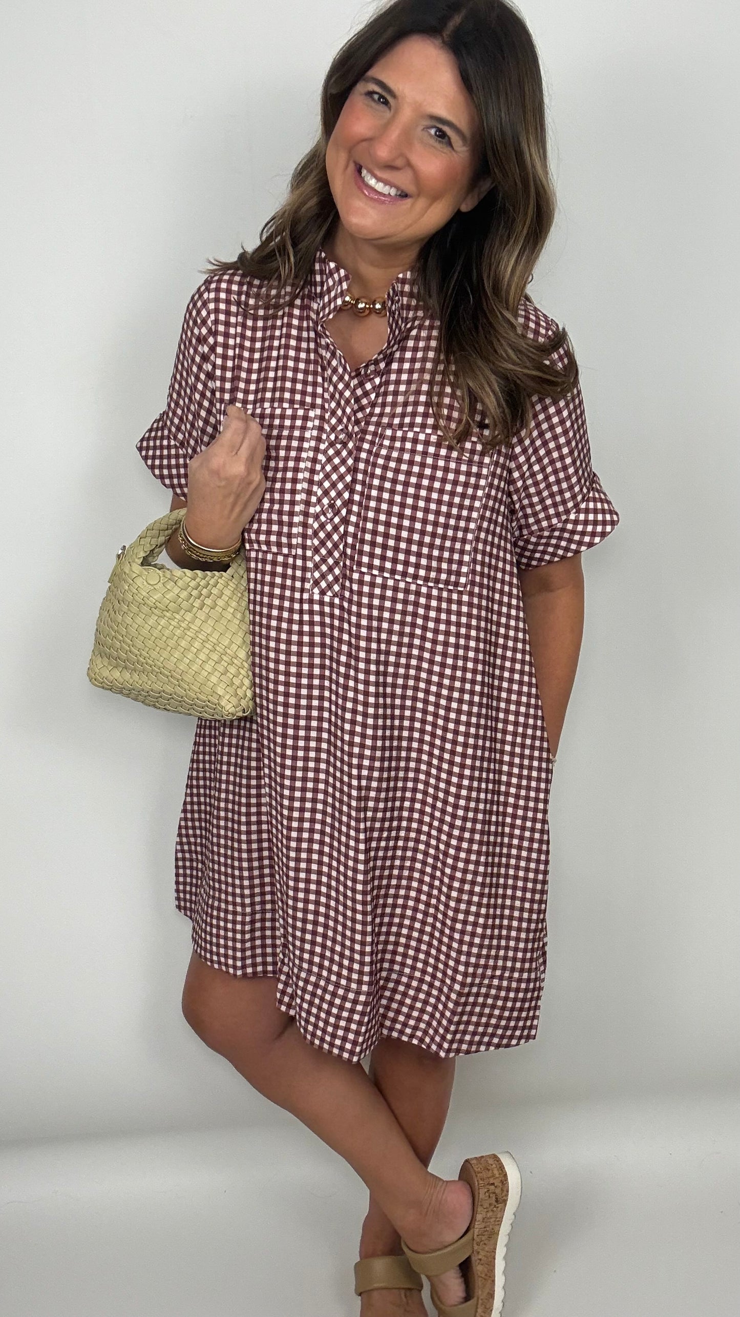 The Crimson Red Button Up High Collar Dress