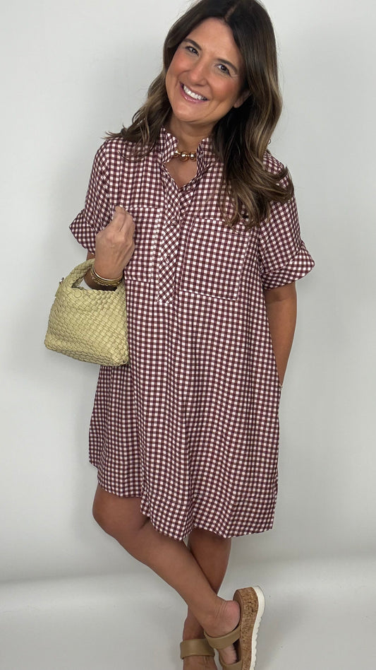 The Crimson Red Button Up High Collar Dress