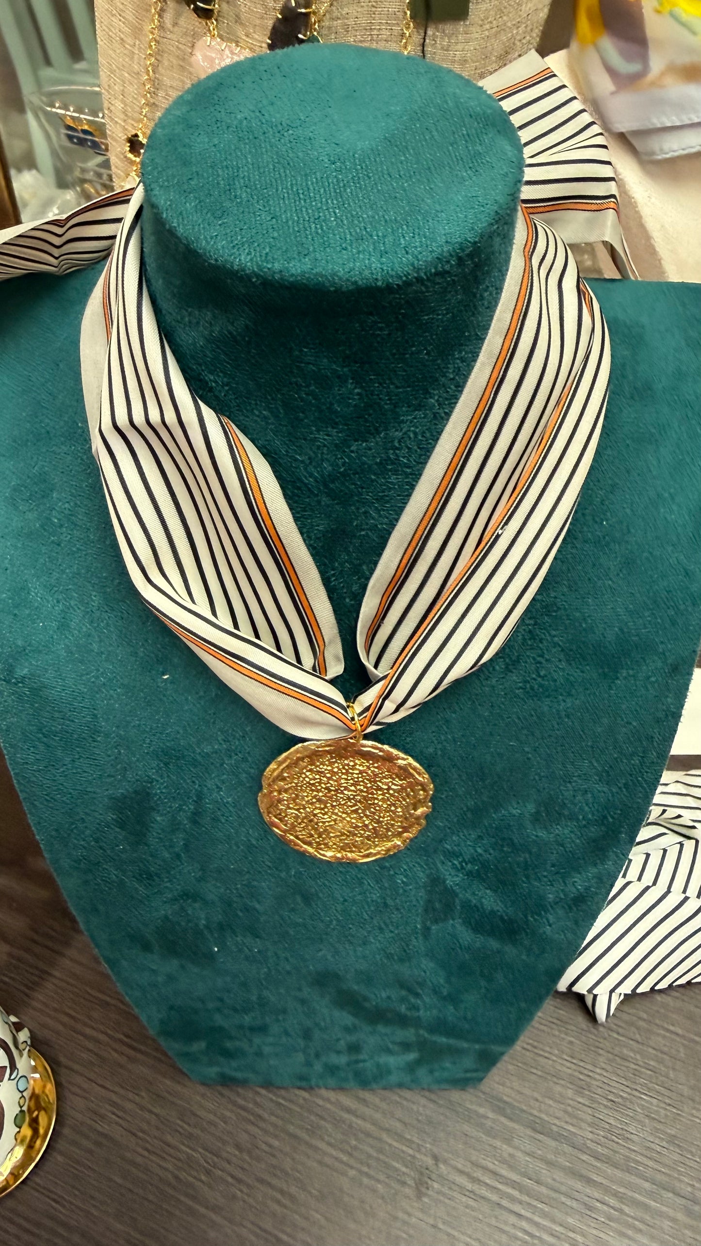 The Cream, Navy, & Burnt Orange Scarf Necklace with Gold Circle Charm
