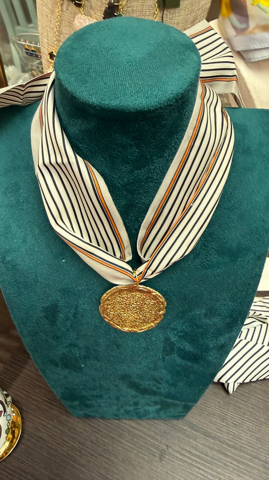The Cream, Navy, & Burnt Orange Scarf Necklace with Gold Circle Charm