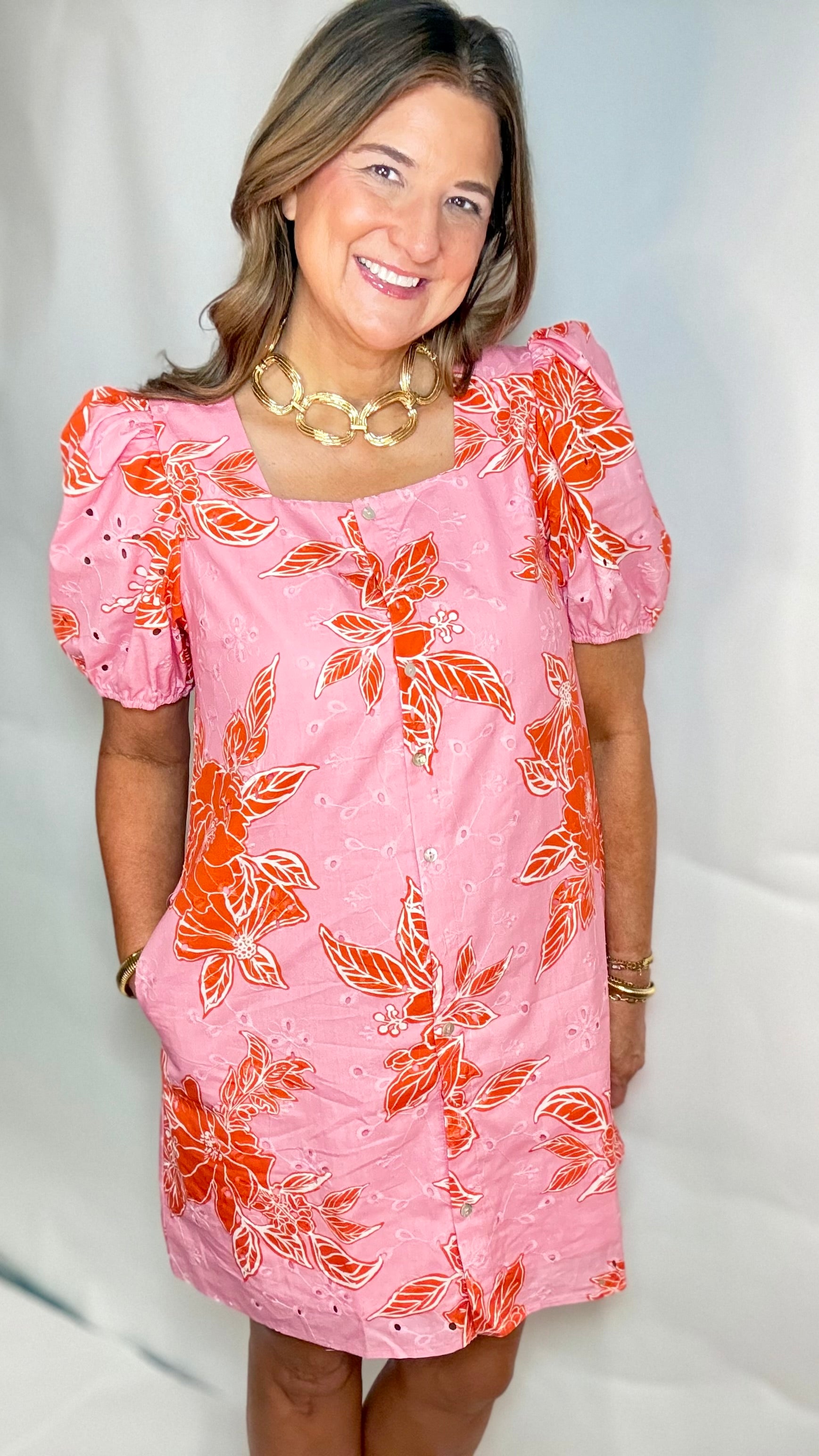 The Coral Floral Button Dress - Triple Charm Boutique