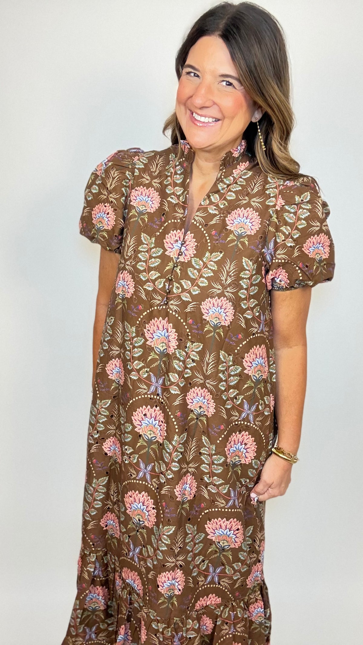 The Brown Floral Lace Midi Dress