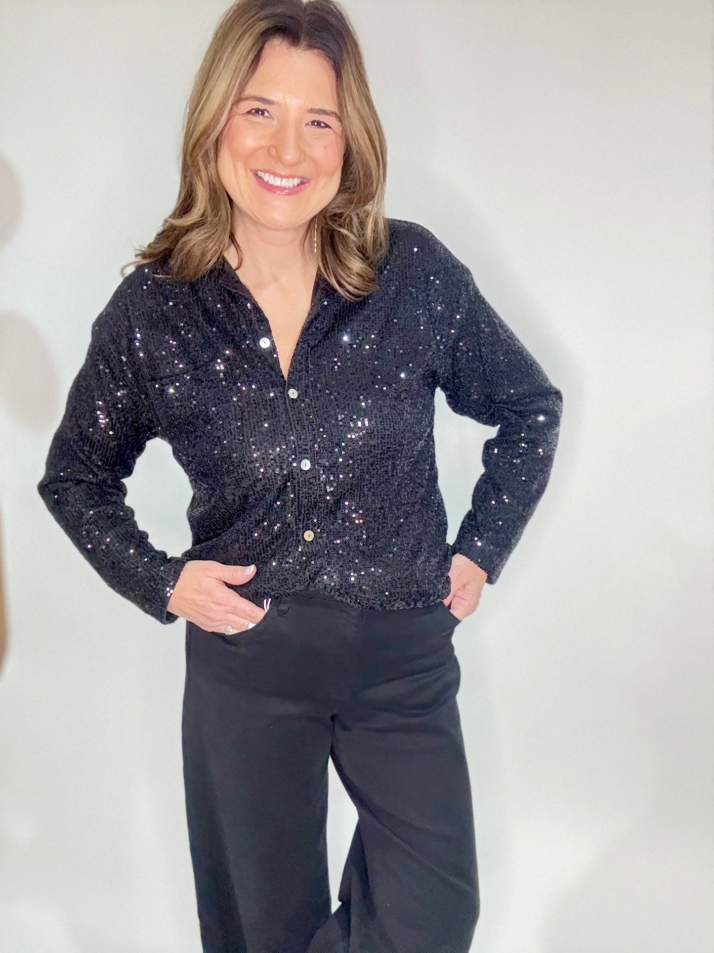 The Black Sequin Dressy Button Up Blouse