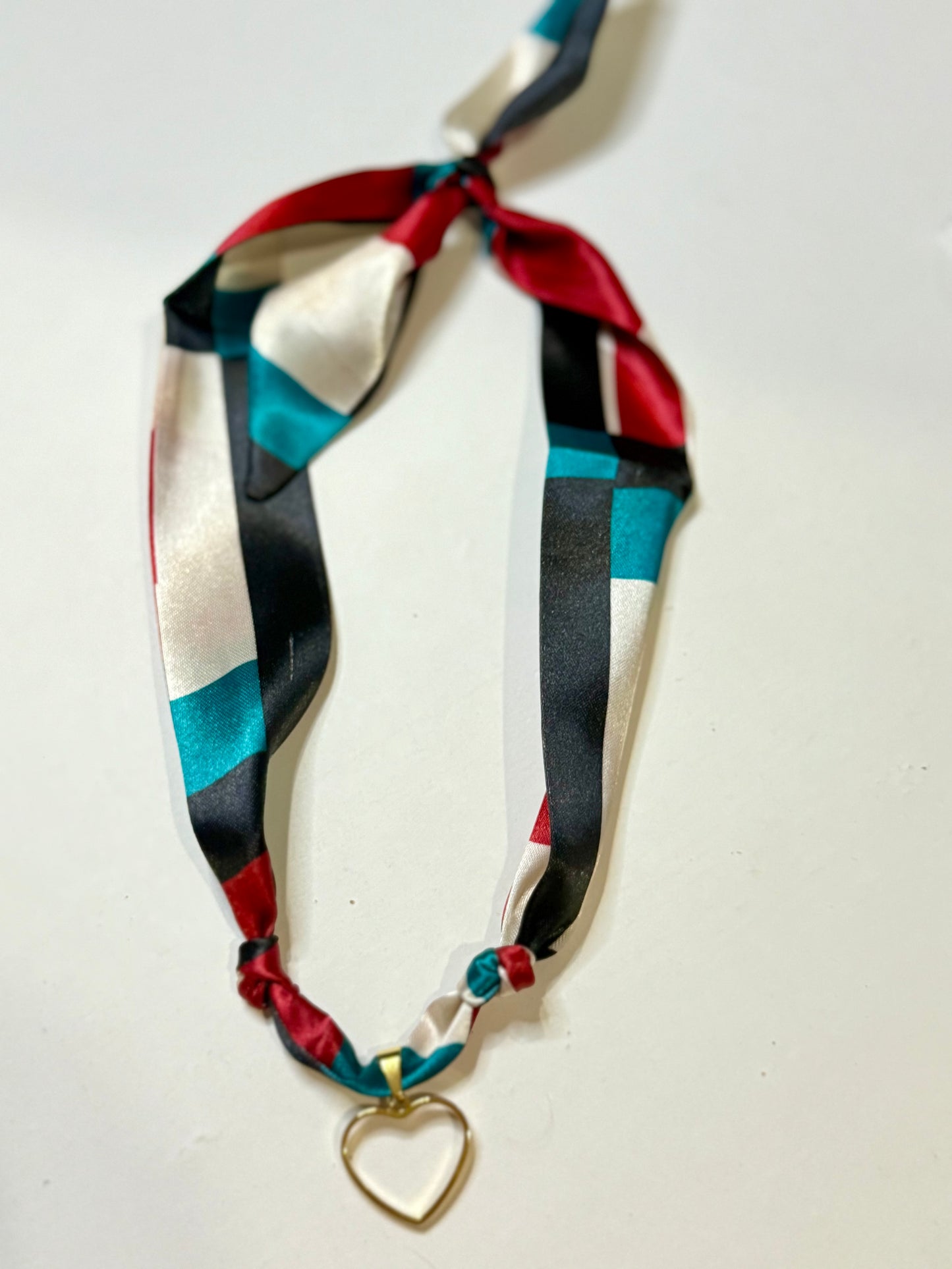 Cream, teal, black, and red Heart Scarf Necklace