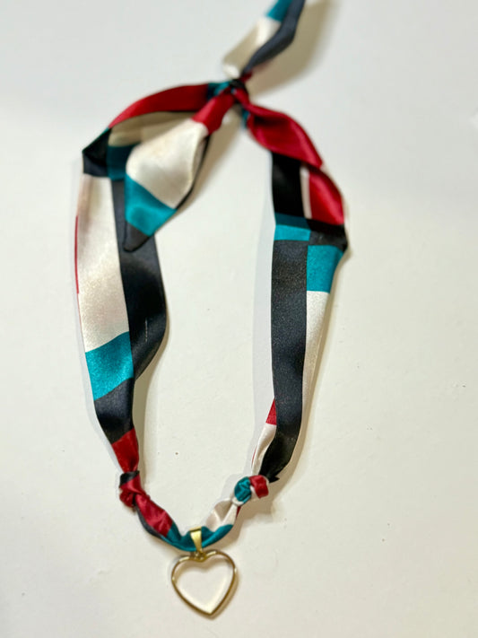 Cream, teal, black, and red Heart Scarf Necklace