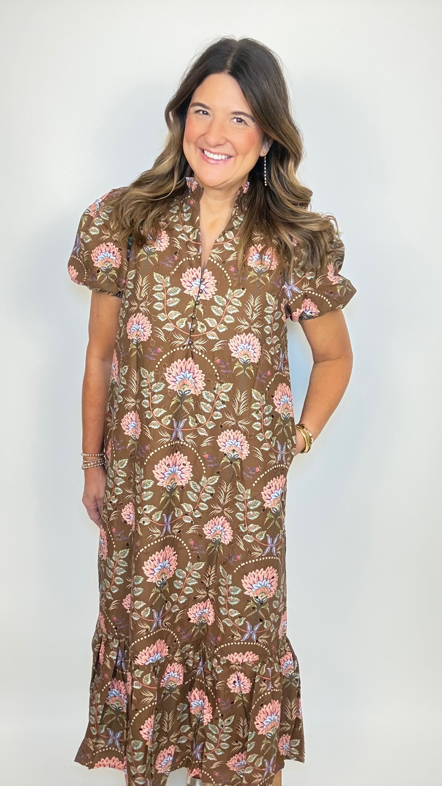 The Brown Floral Lace Midi Dress