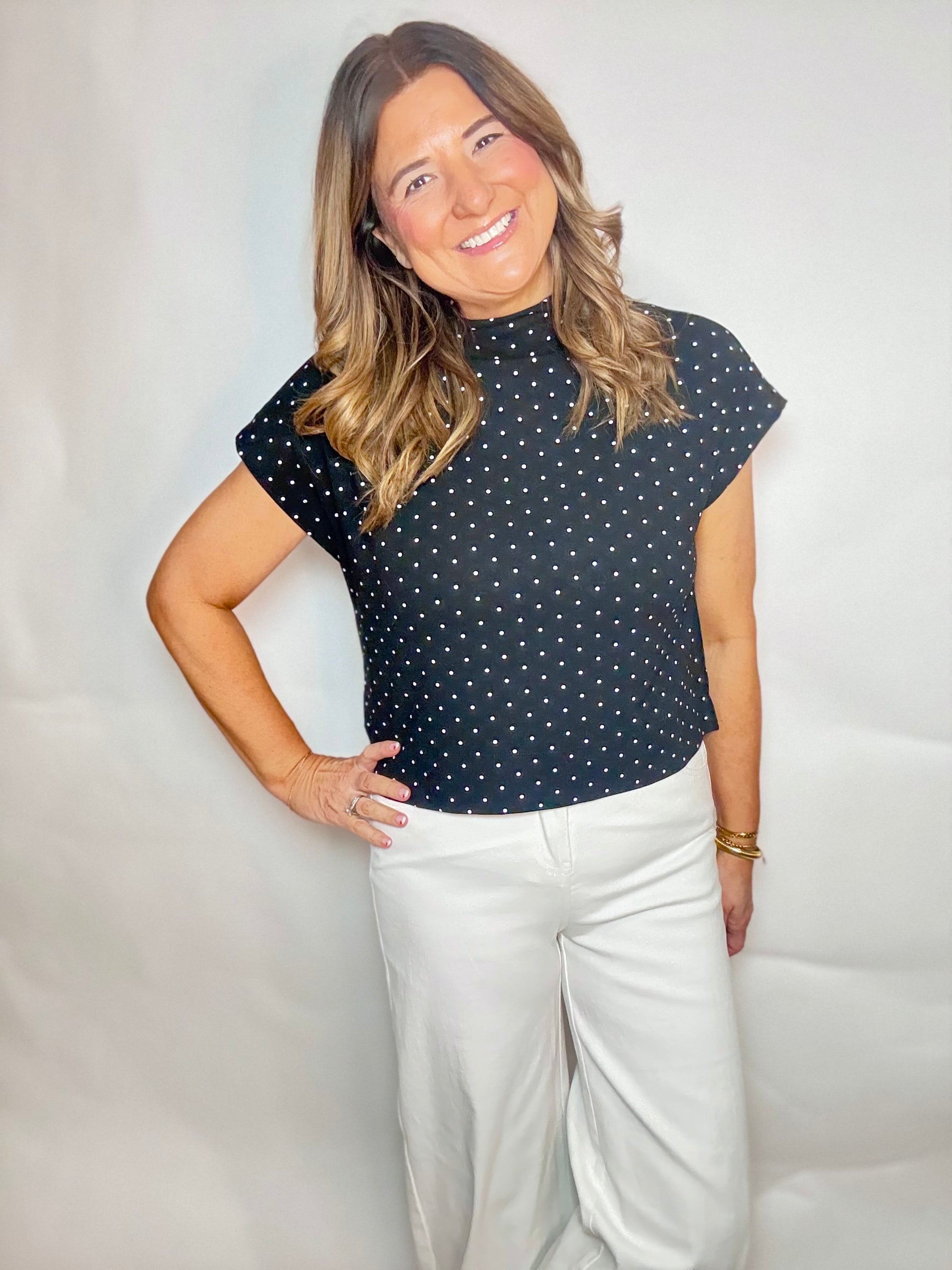 The Black Mock Neck Dot Top - Triple Charm Boutique