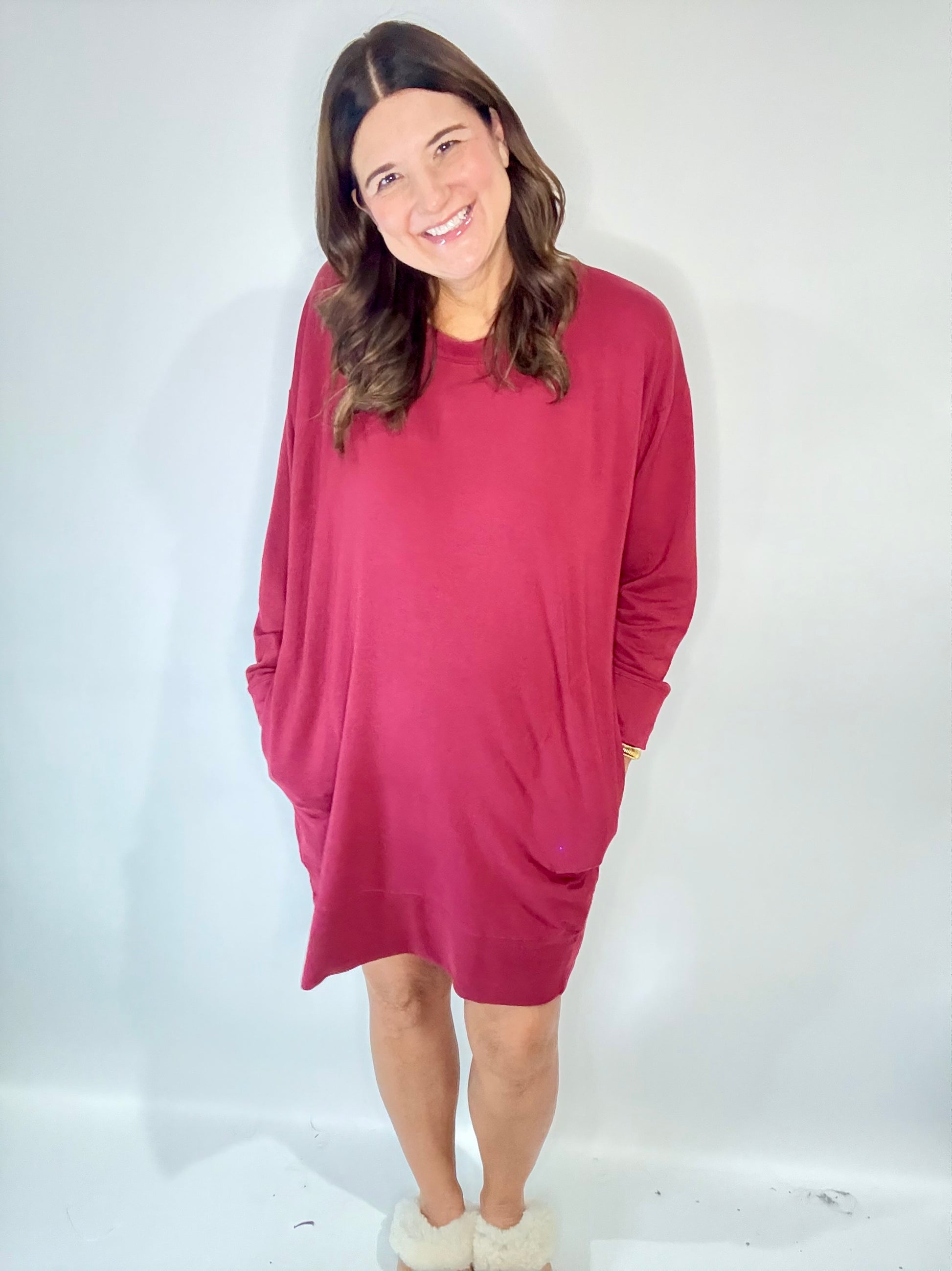 PJ Harlow Crimson Red Oversized Sweatshirt Dress/Gown - Triple Charm Boutique