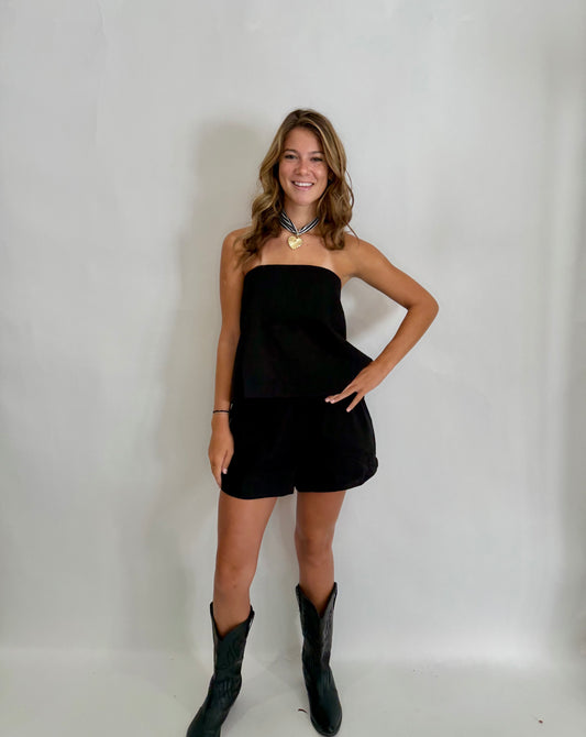 The Black Linen Strapless Bow Shorts Set - Triple Charm Boutique